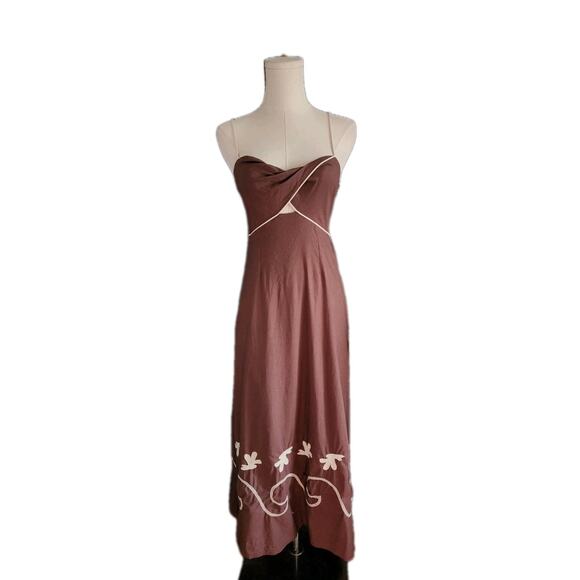 Mon Renn Fresco Embroidered Hemline Sundress Maxi Dress Linen Blend Small - Picture 4 of 11